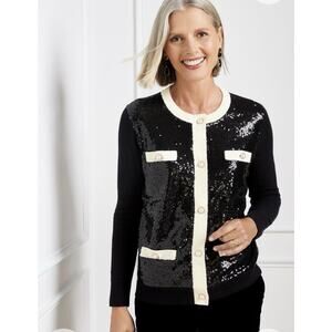 Talbots Woman's Sequin Embellished Jacket Cardigan Black Cream Size Large